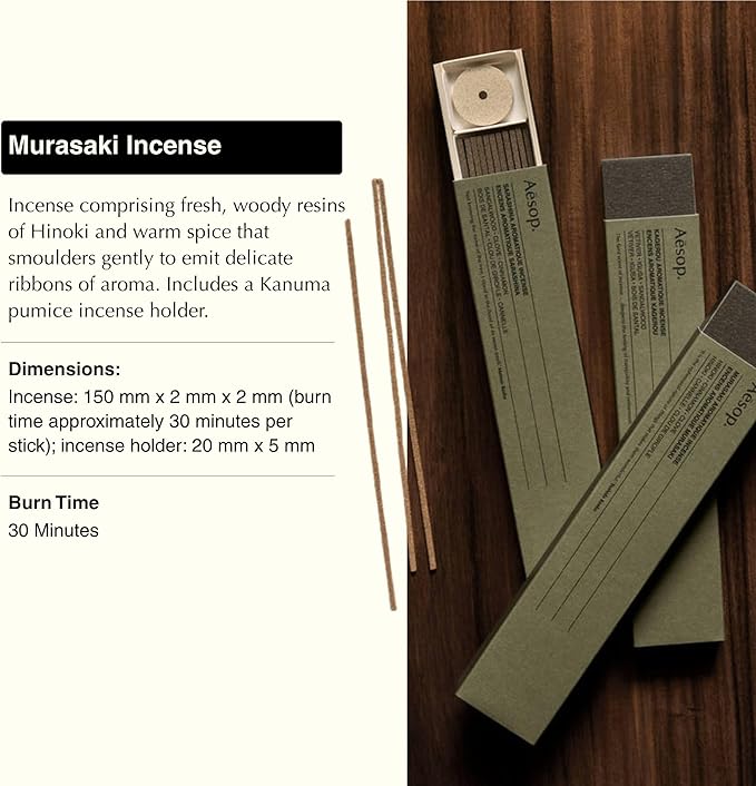 Aesop Murasaki Aromatique Incense Sticks | Woody and Spicy Aroma of Hinoki & Cinnamon| 33 Sticks, 30-Min Burn Time | Includes Kanuma Pumice Holder | Vegan, No Synthetic Fragrance