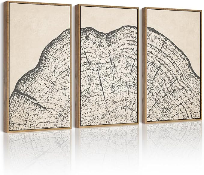 PHOPAGO Farmhouse Vintage Framed Wall Art Large 16x24in Set Gray Wood Tree Ring Spirals Nature Abstract Drawings Rustic Modern Art Decor for Living Room Bedroom - Natural Framed