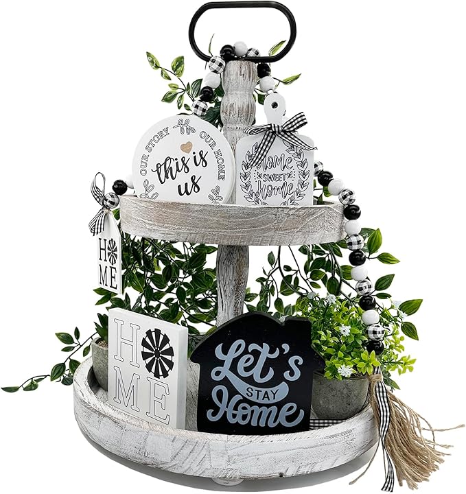 Farmhouse 2 Tiered Tray Stand for Home Decor, Wooden Serving Tiered Tray for Coffee Bar Table Centerpiece, Decorative Trays Kit for Countryside, Round Rustic Stand for Cake Cupcake(White)