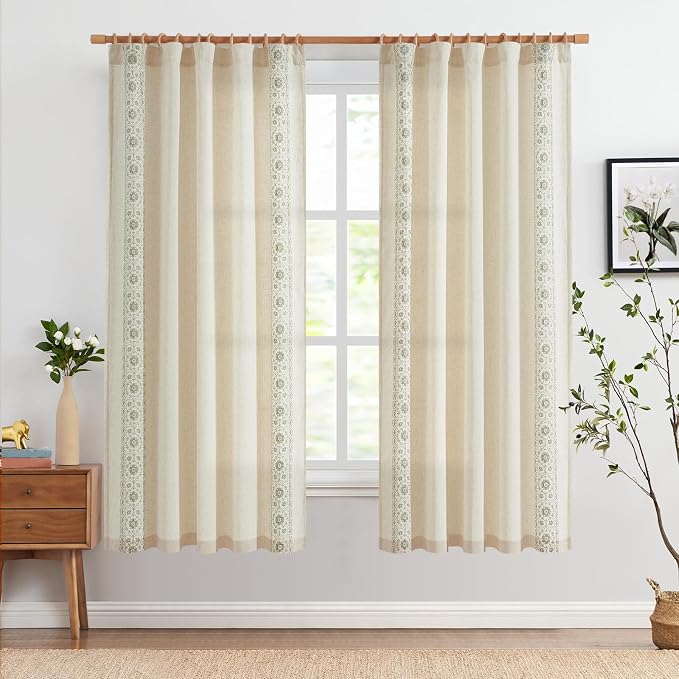 jinchan Weslie Boho Curtains for Bedroom Sage Green Vintage Floral Farmhouse Curtains 72 Inches Long Linen Drapes for Living Room Embroidered Drapes Light Filtering Sage on Beige 2 Panels