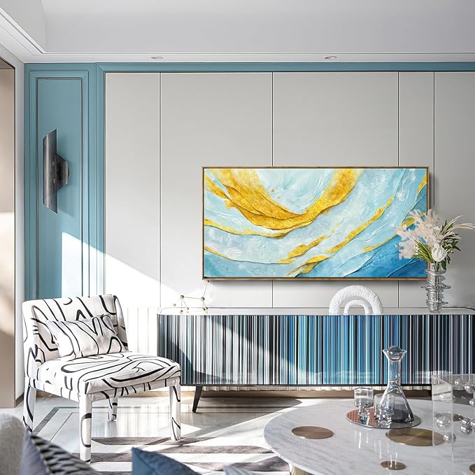 Nicetop Framed Abstract Wall Art for Living Room– Large Size Coastal Canvas Print Modern Picture Horizontal Blue and Gold Artwork with Wood Frame for Bedroom Home Office Aesthetic Decor 48x24 Inch