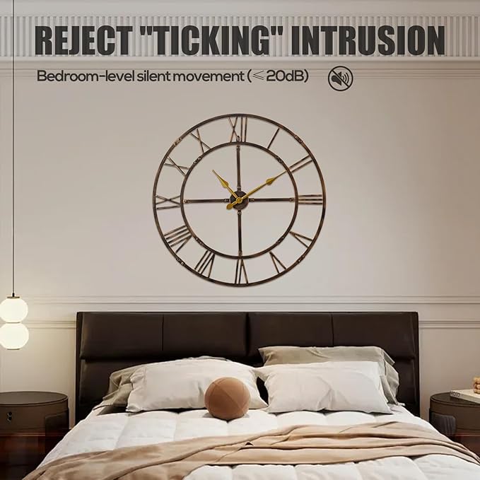 Large Wall Clock for Living Room Decor – 32 Inch Knocked-Down (KD) Silent Non-Ticking Modern Farmhouse Wall Clock, Oversized Decorative Metal Roman Numeral Clock, Bronze