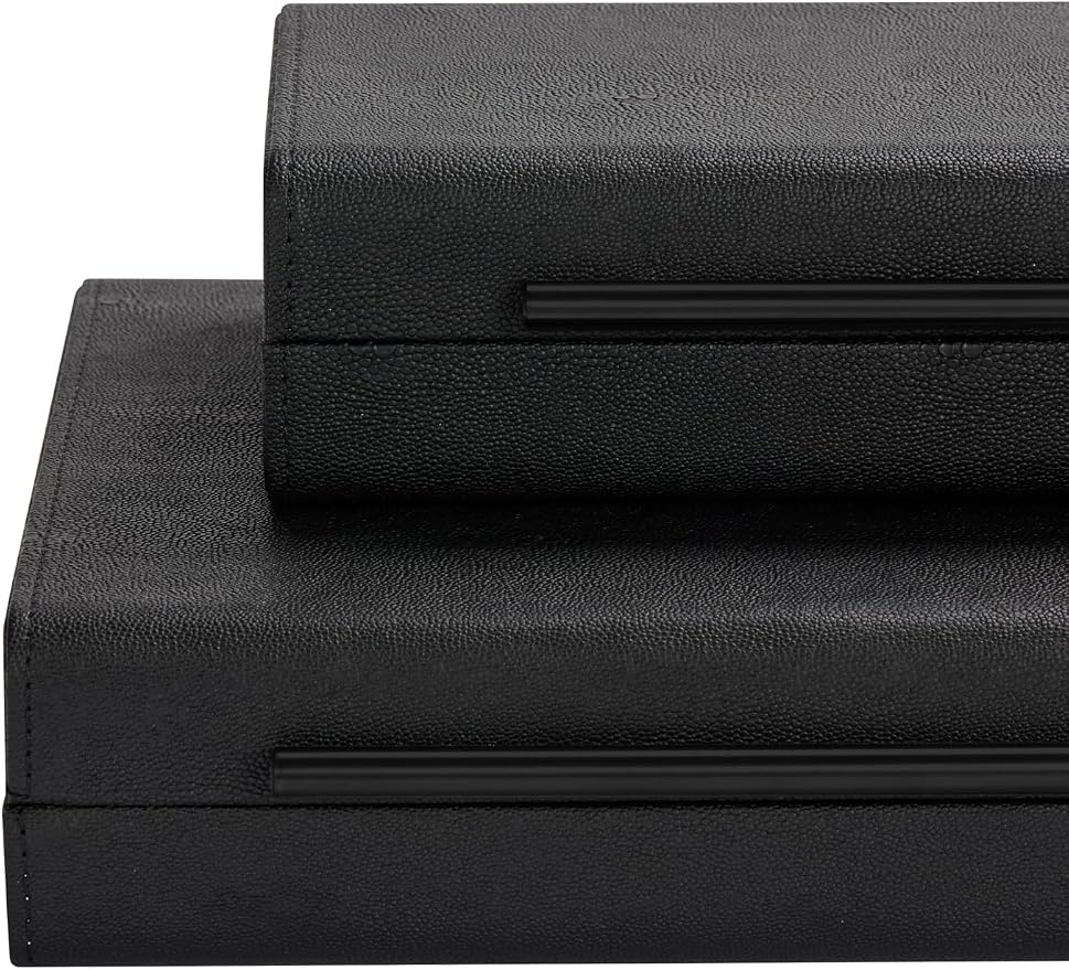 KIngflux Shagreen Decorative Boxes Set of 2-Modern Faux Leather Jewelry Orgazier, Engineered Wood Keepsake Boxes With Black Metal Handles for Home Decor Living Room Console Table, Gift (Black)