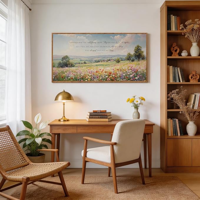 CHDITB Consider How the Wildflowers Grow Luke 12:27 Wall Art Framed, Farmhouse Countryside Landscape Bible Verses Scripture Canvas Artwork, Large Vintage Religious Biblical Wilderness Pastoral Scenery florals Field Meadow Painting Decor for Living Room...