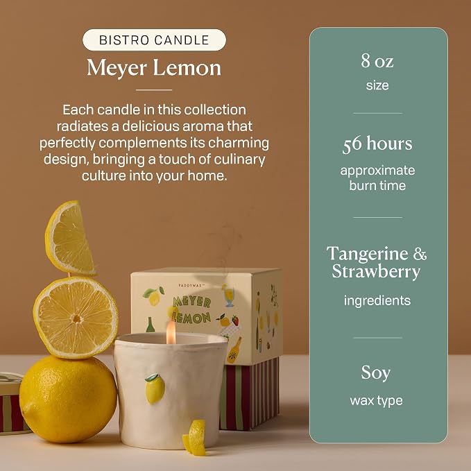 Paddywax Bistro Hand Painted Scented Candle in Ceramic Reusable Food-Safe Jar with Gift Box, Soy Candle with Approx. 56 Hour Burn Time, Meyer Lemon, 8 oz