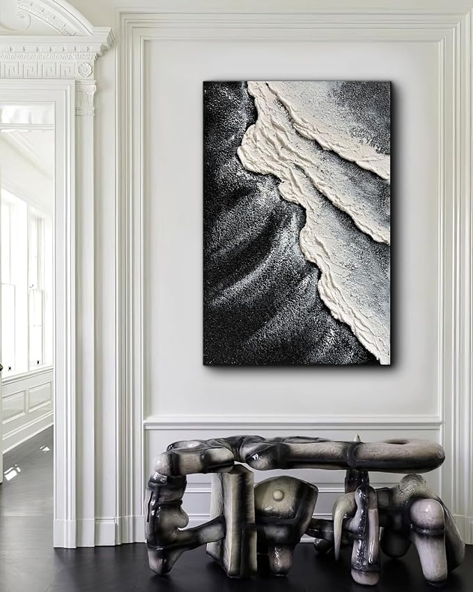 Creespi Hand Painted Black and White Abstract Canvas Wall Art 24x36 inch,Textured Ocean Wave Landscape Oil Painting Home Wall Decor