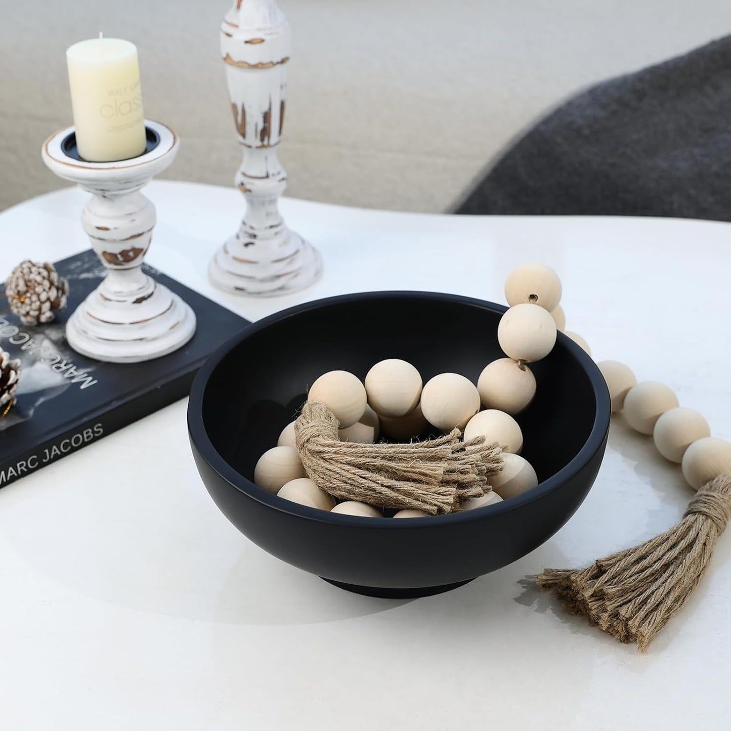 Large Black Decorative Bowl for Home Decor - Modern Concrete Fruit Bowl for Kitchen Counter or Coffee Table