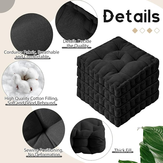 Jerify 4 Pcs Floor Pillow Cushions Large Round Square Large Meditation Floor Pillow for Classroom Adult Meditation Picnic Party Seating Learning Daycare School (Squares,Black)