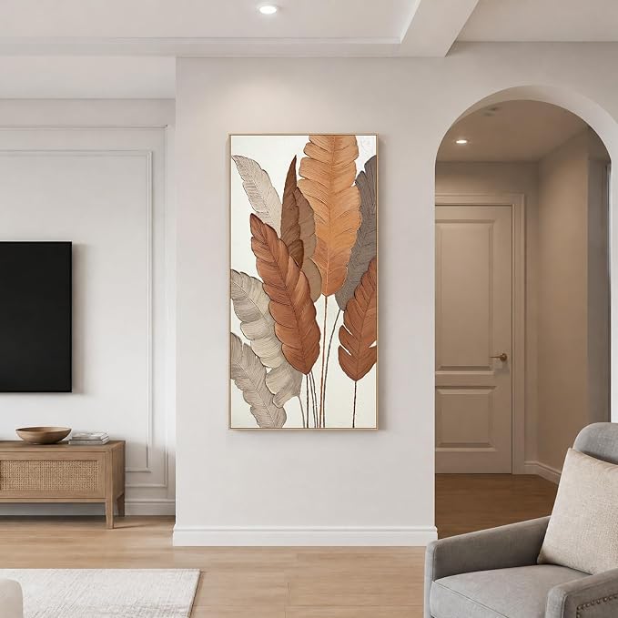 SAFERRYHOME Large 3D Leaves Hand Painted Wall Art, Textured, 27"x58" | Modern Textured Plant Framed Canvas Wall Decor, Contemporary 3D Leaf Painting Minimalist Artwork for Home Office Living Room