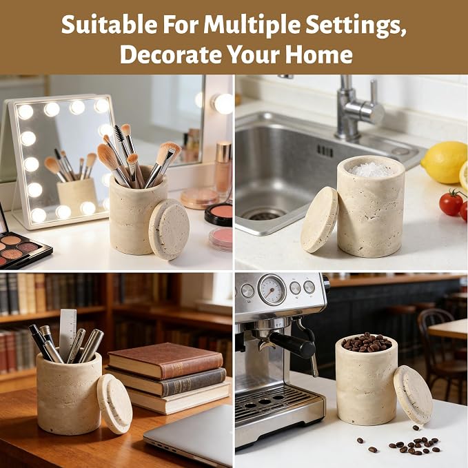 Marble Qtip Holder, Travertine Bathroom Accessories Toothbrush Holder with Lid for Cotton Swabs,Cotton Swabs, Jewelry, Floss Picks, Bathroom Essentials Decor Restroom Vanity Decor