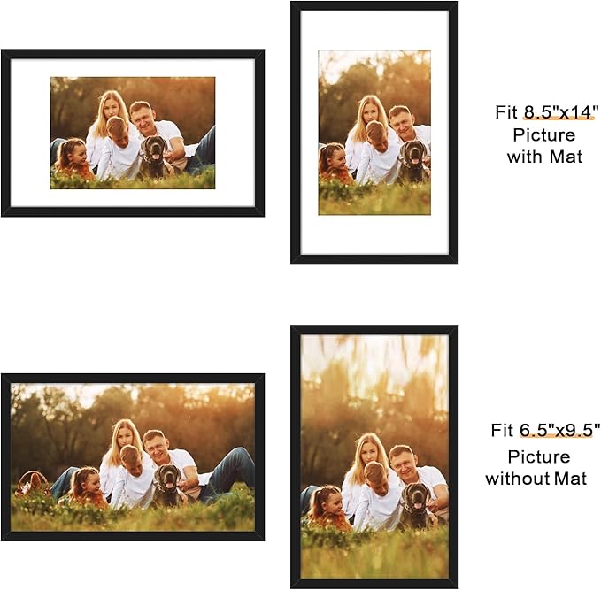Picrit 8.5x14 Picture Frame Set of 12, Display 7x10 with Mat or 8.5x14 without Mat, Photo Frames for Wall Mounting or Table Top Display, Black