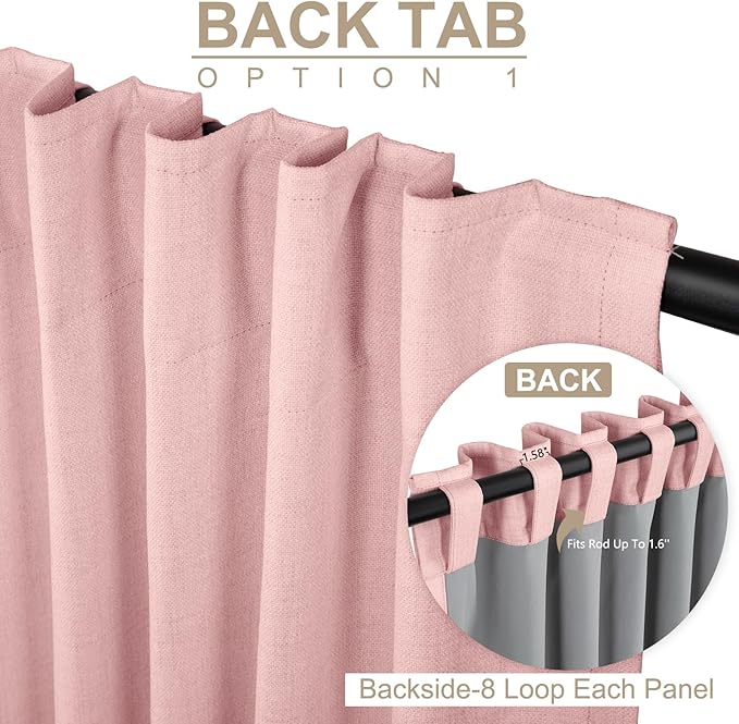 100% Blackout Shield Linen Blackout Curtains for Bedroom 102Inches Long, Back Tab/Rod Pocket Living Room Drapes, Thermal Insulated Blackout Curtains 2 Panels Set, 50" W x 102" L,Baby Pink