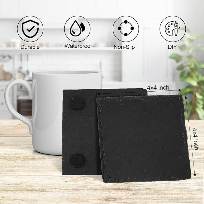 24 Pieces Slate Coasters, Dhfsleo Size 4 x 4 inch Black Coasters Stone Coaster Set, Square，Perfect for use in Your Home, Office, Kitchen,bar,Christmas or Anywhere.