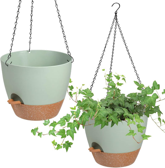 Hanging Planters for Indoor Outdoor Plants, 2 Pack Self Watering Hanging Pot with Drainage Holes & Removable Tray (Green, 8'')