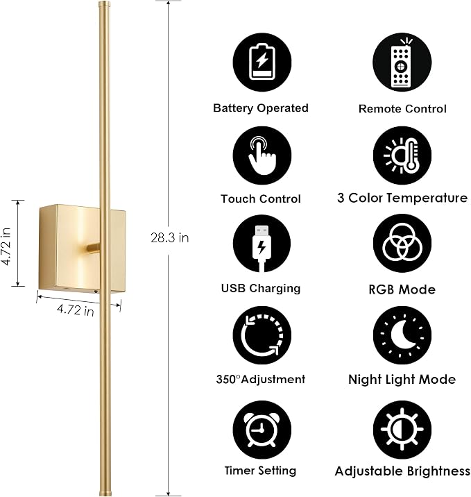 KARTOOSH 28.3 Inch Battery Operated Wall Sconces Wireless Set of 2, Gold | RGB Wall Lamps, 3 Color Temps, Remote Control, Dimmable Rotatable, LED Wall Lights for Living Room Bedroom