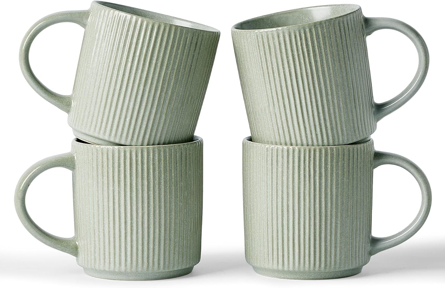 famiware Coffee Mug Set for 4, Star 12 oz Catering Mugs Cup Set with Handle for Coffee, Tea, Cocoa, Milk - Ceramic Stoneware Drinkware Set, Matte Green