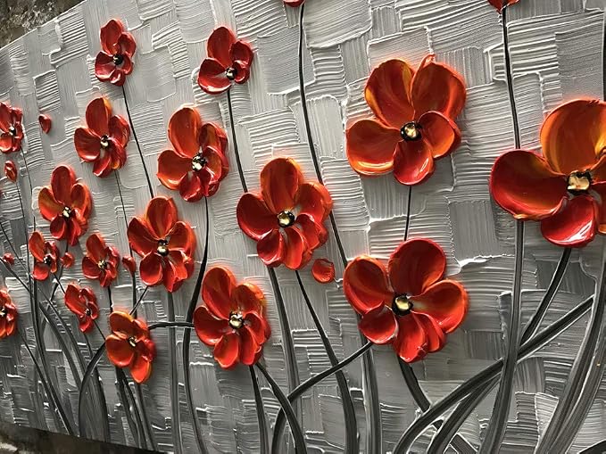 YaSheng Art - 48x24inch Canvas Wall Art, Hand Painted Oil Painting Wall Art ,Abstract 3D Texture Wall Art Pictures, Red Floral Paintings, Modern Home Bedroom Wall Art Decor, Wall Art for living room, Large Framed oil painting.