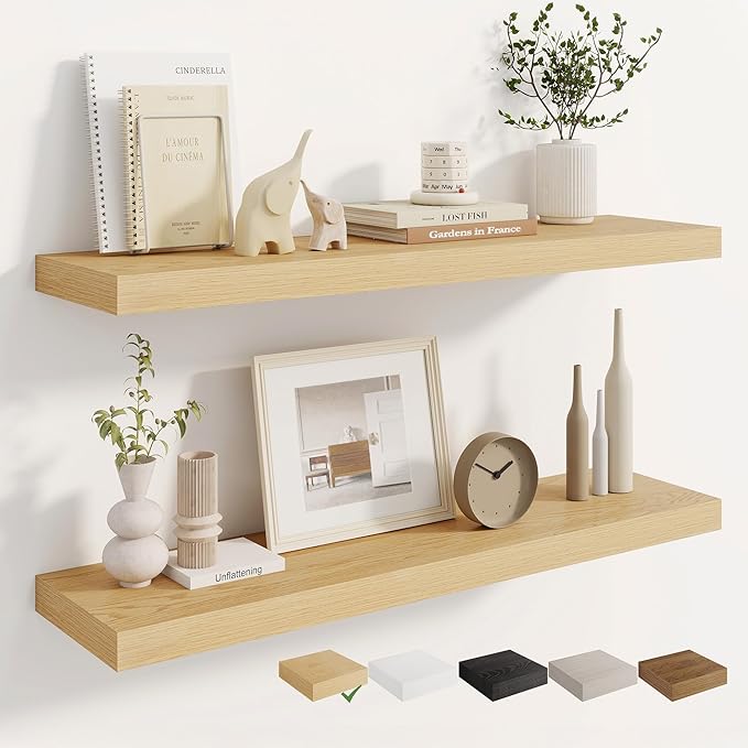 Dreamland 36 Inches Floating Shelves for Wall, 8" Deep Long Floating Shelves Set of 2, Large Display & Storage Shelf, Wall Shelf for Bathroom Bedroom Living Room Kitchen Office, Oak