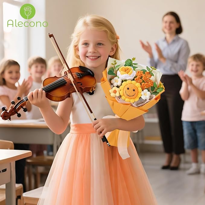 Alecono Crochet Flower Bouquet, Orange Smile Sunflower Knitted Flowers, Handmade Bouquet of Flowers for Mother's Day Graduation Anniversary Birthday Party Valentine's Day Gifts (Include Card)
