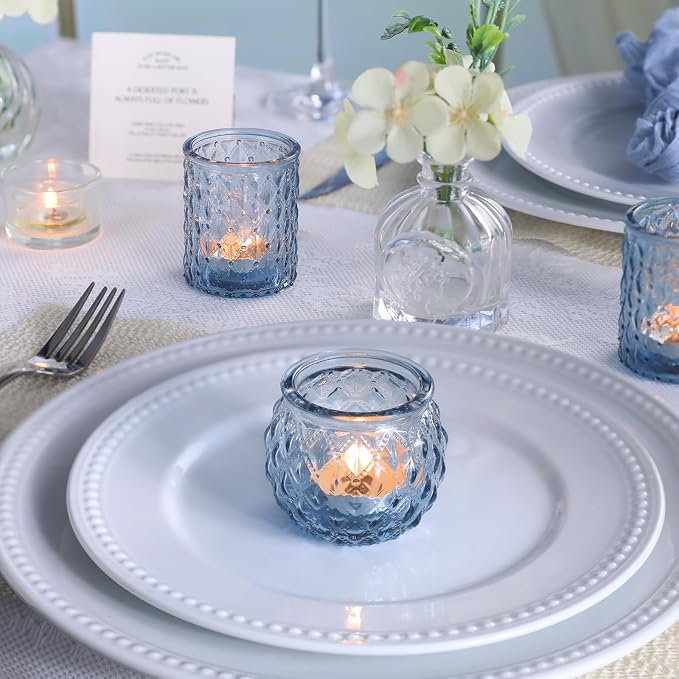 DARJEN Blue Votive Candle Holders Set of 36- Round Candle Holders Bulk, Glass Candle Holder for Wedding Home Decoration, Tea Lights Candle Holders for Wedding Shower, Party & Gift