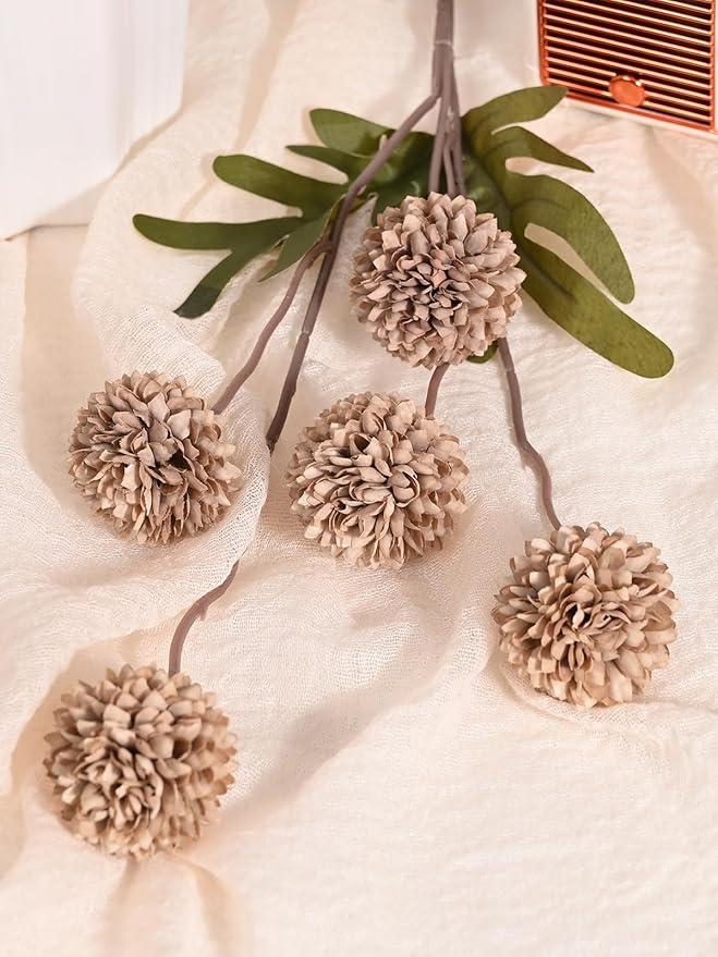 Waipfaru 10pcs Fake Silk Pompon Mum Artificial Flowers, Bulk Faux Mini Chrysanthemums, for Centerpieces Wedding Fillers Champagne Arrangements, No vase, Brown