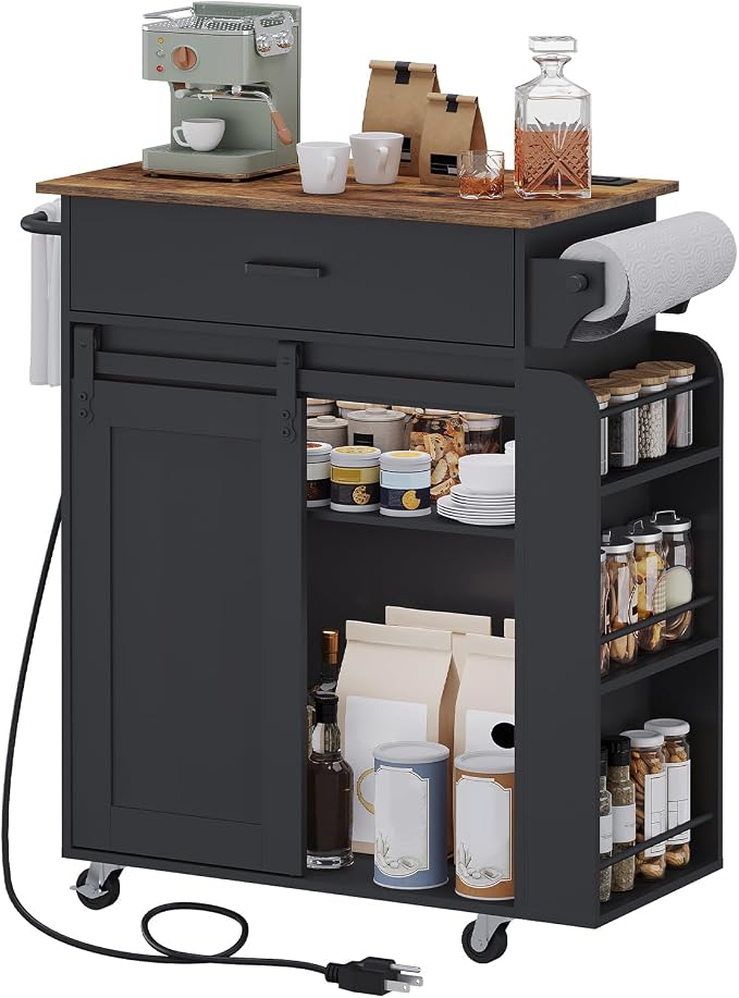 YATINEY Kitchen Island with Storage, Mobile Kitchen Cart with Charging Station, Kitchen Island on Wheels, Rolling Island Table with Sliding Cabinet Door, Black and Rustic Brown ZD01UBR