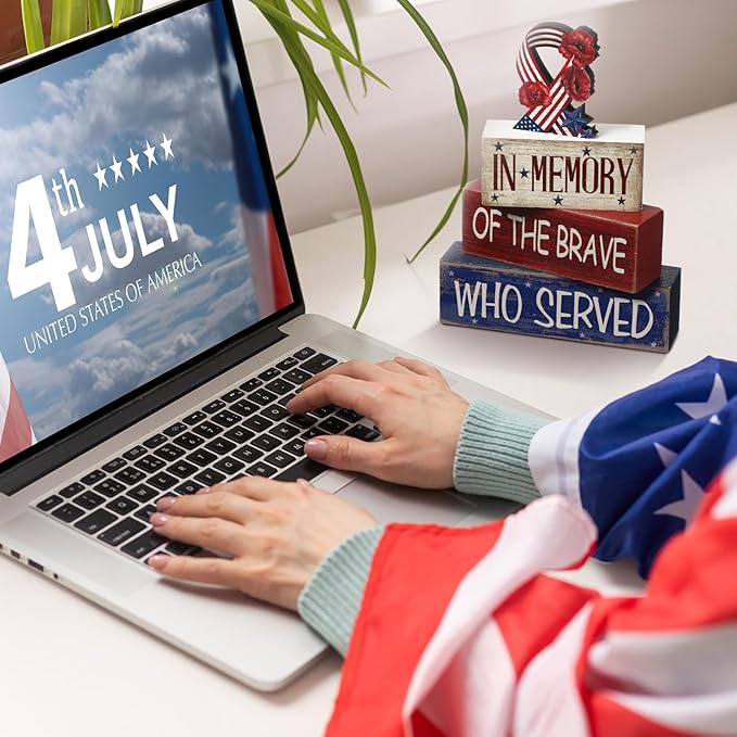 CroBlissful 4 Pcs Memorial Day Table Decorations Patriotic Tabletop Decorations Red White Blue Fourth of July Table Centerpieces Sign for Office Tiered Tray Home Shelf 250th Anniversary