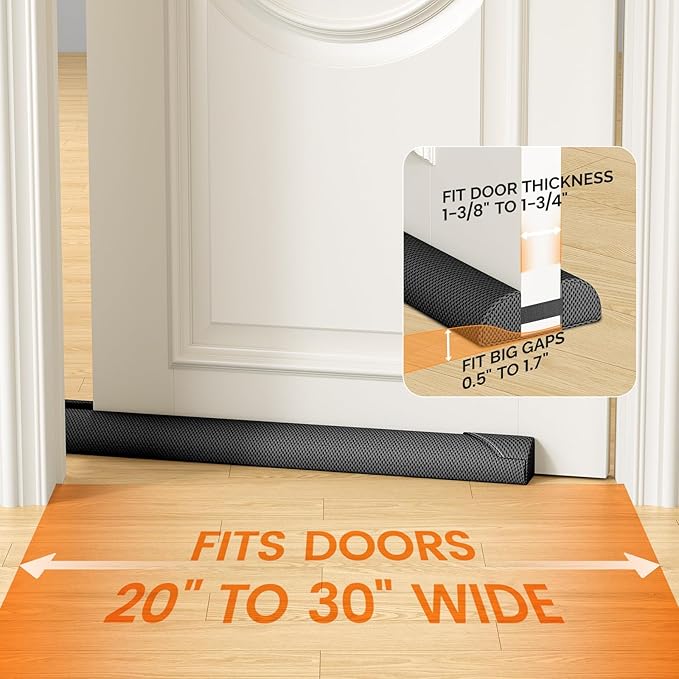 fowong Door Draft Stopper 30 Inch, Under Door Noise Stopper Blocks Air, Draft, Light, Dust, 24" to 30" Sweep Seal Large Gap up to 1.7", Easy to Install Black
