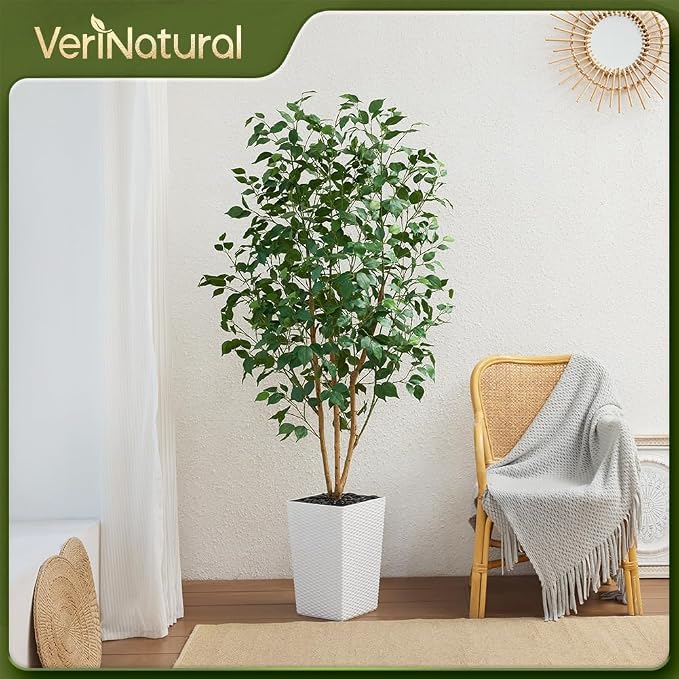 VeriNatural 6ft Artificial Ficus Tree-Tall Faux Tree with Pebbles & Planter UV Resistant Potted Fake Plant with Silk Leaves & Real Wood Trunk-Indoor Outdoor Floor Plant for Home,Living Room,VN129