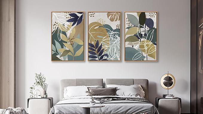 Large Botanical Wall Art for Living Room Natural Wood Float Framed Art Set of 3 Tropical Plant Pictures Boho Artwork Green Brown Leaf Canvas Prints for Bedroom Kitchen Home Office Wall Decor 32"X48"X3