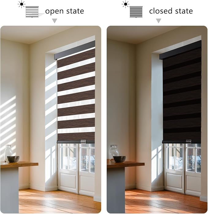 AOSKY Cordless Zebra Blinds for Windows Pull Down Roller Window Shades Dual Layer Light Filtering Privacy for Day and Night, Free-Stop Door Shades for Home Easy to Install Brown 31" W X 72" H