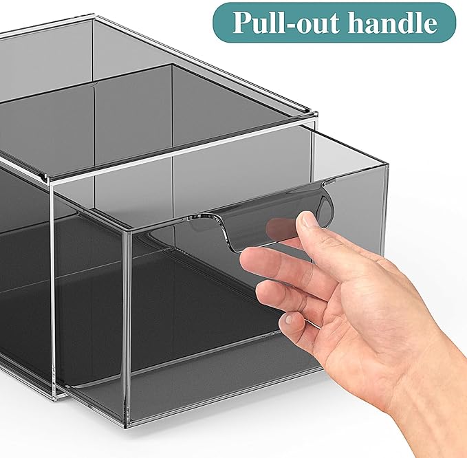 SpaceHacks 2 Pack Stackable Makeup Organizer and Storage, Acrylic Organizers，Clear Plastic Storage Drawer with Pull-Out Handles for Vanity, Undersink, Kitchen Cabinets, Pantry, Black