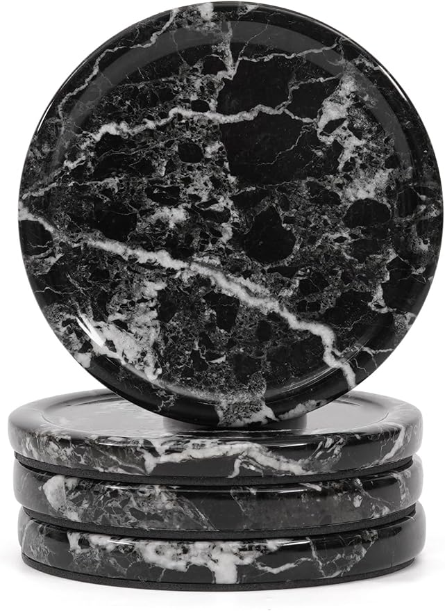 Marble Coasters Set of 4 for Drinks 4 Inches Round Black Stone Drink Coaster, Decorative for Coffee Table Decor, Kitchen Counter