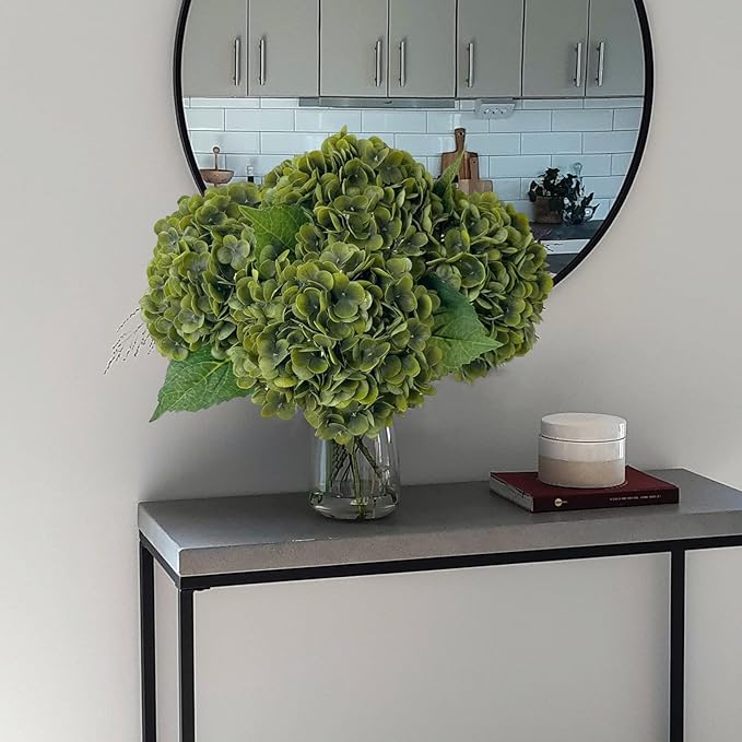 YalzoneMet 4Pcs Dark Green Real Touch Hydrangea Artificial Flowers 21'' Faux Latex Hydrangea Flowers for Fall Table Centerpieces Fake Flowers for Home Kitchen Living Room Boho Decor
