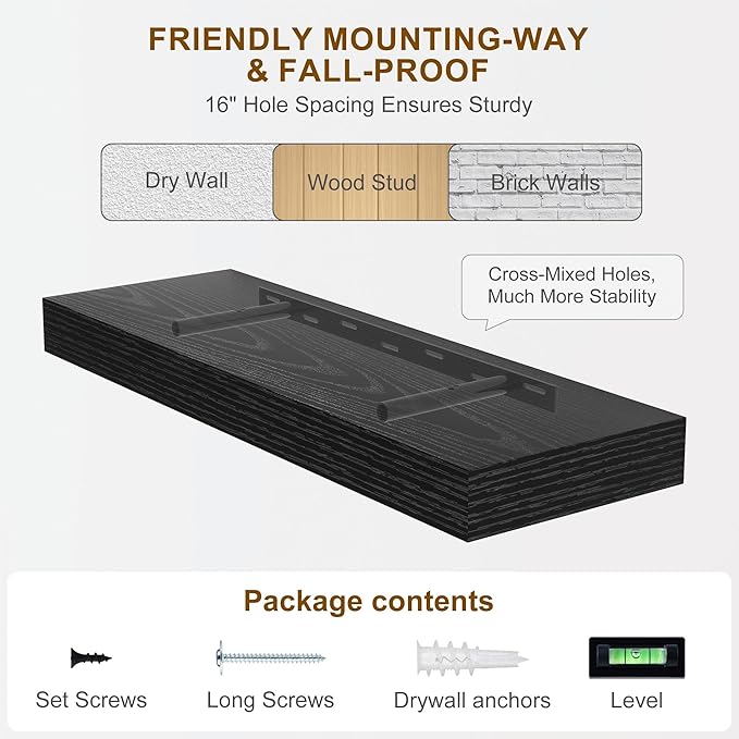 Fun Memories Floating Shelves for Wall, 36Inch Floating Shelves Set of 2, Hanging Shelf with Invisible Brackets, Bathroom Shelves for Living Room, Bedroom, Kitchen- Black
