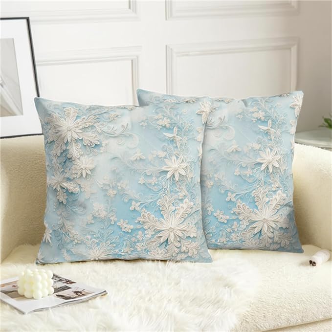 Blue Snowflakes Pillow Covers Winter Throw Pillow Covers 18x18 Set of 2 Snow Flower Pillowcase Floral Double Sided Printing Cushion Case for Living Room Bedroom Couch Sofa