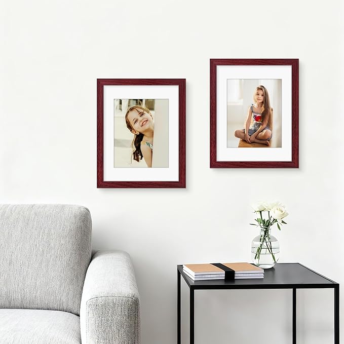 Picrit 11x14 Picture Frame Set of 12, Display 8x10 with Mat or 11x14 without Mat, Photo Frames for Wall Mounting or Table Top Display, Dark Red Wood