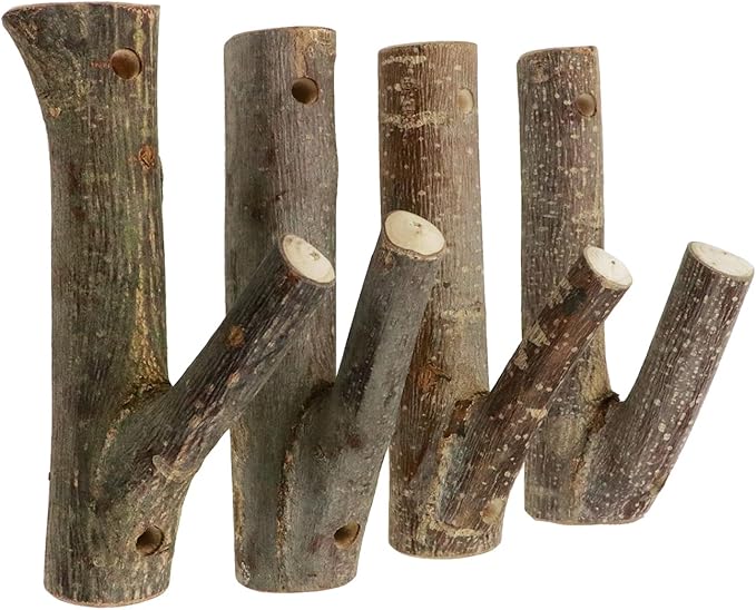 4Pcs Real Wood Tree Branch Wall Hook, Farmhouse Rustic Decorative Wooden with Bark Trunk Thickness 2cm-3cm with Screw