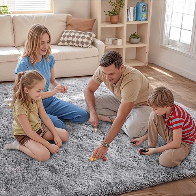 FinRèc 9x12 Feet Rugs for Living Room Bedroom, Soft Light Grey Fluffy Area Rug, Non-Slip Solid Shag Rug for Nursery Kids Room Dorm Room Home Decor, Indoor Floor Carpet