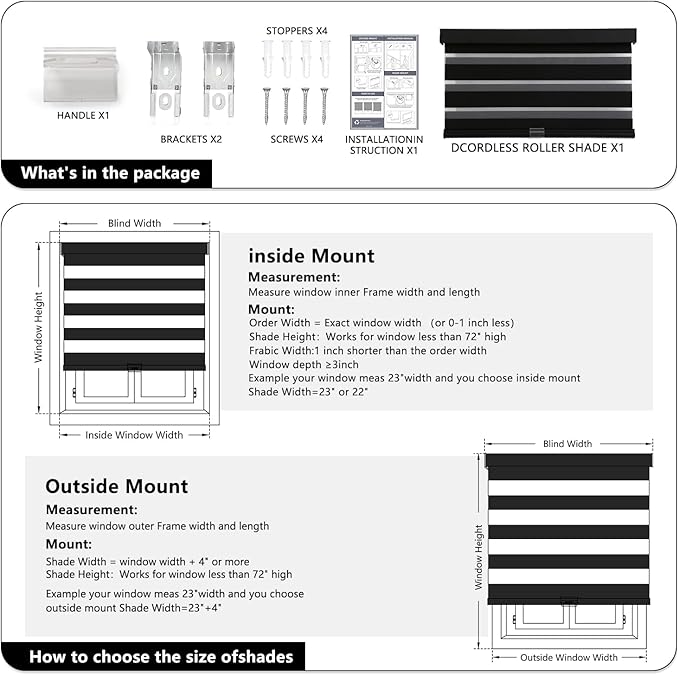 AOSKY Cordless Zebra Blinds for Windows Pull Down Roller Window Shades Dual Layer Light Filtering Privacy for Day and Night, Free-Stop Door Shades for Home Easy to Install (31.5" W X 72" H，Black)