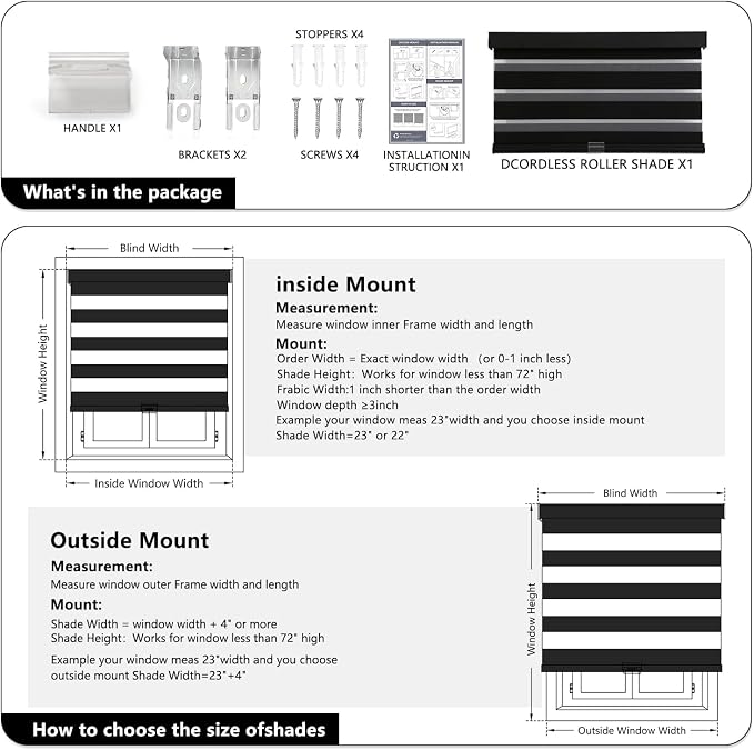 AOSKY Cordless Zebra Blinds for Windows Pull Down Roller Window Shades Dual Layer Light Filtering Privacy for Day and Night, Free-Stop Door Shades for Home Easy to Install (33.5" W X 72" H，Black)