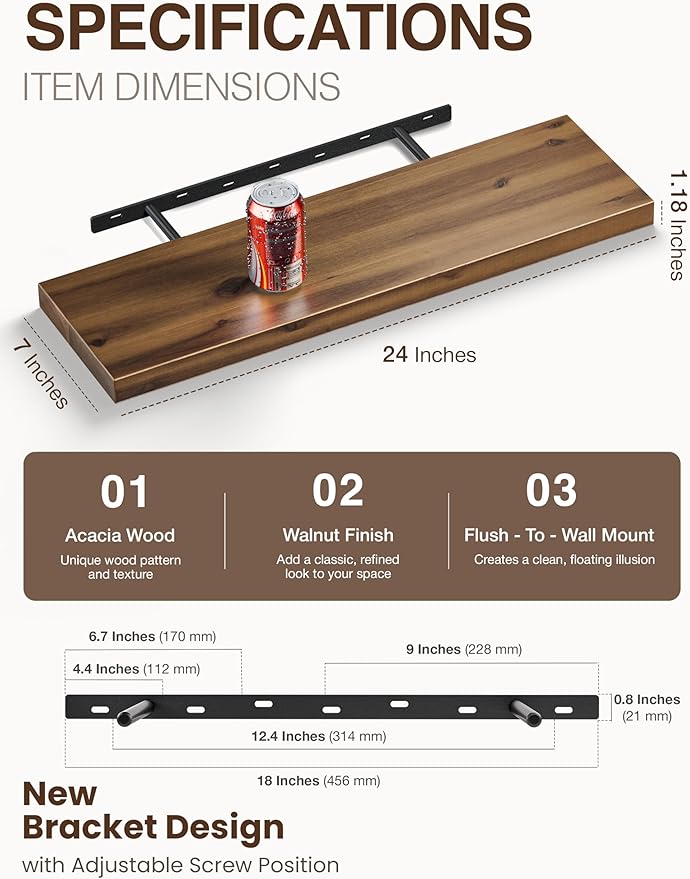 BATODA Set of 2 24" Acacia Floating Shelves for Wall – Rustic Farmhouse Wood Floating Shelf - Book Shelf for Wall & House Décor - DIY Floating Book Shelves - with Brackets & Hardware (Walnut Color)