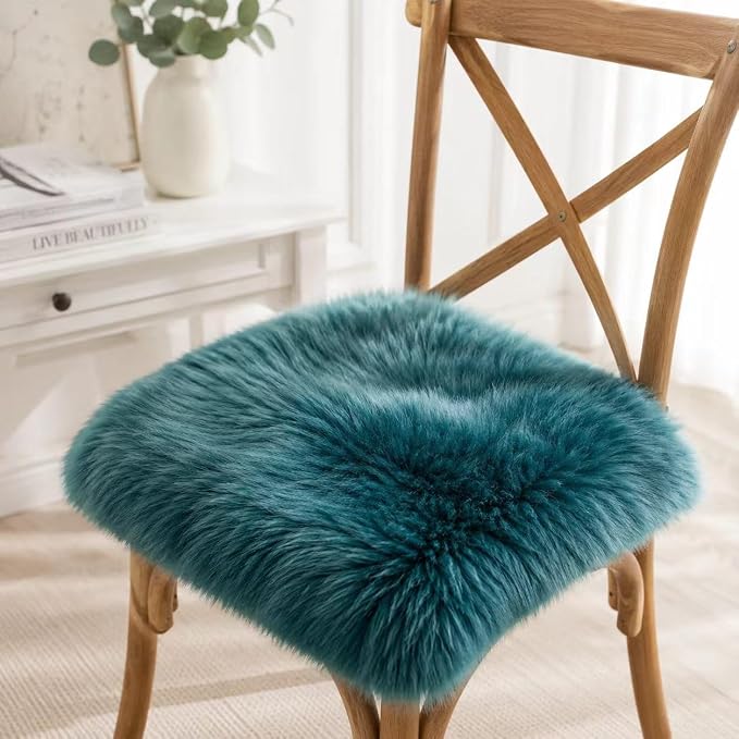Sheepskin Chair Cushion Non-Slip Back Square Genuine Fur Chair Cover Silky Natural Wool Seat Cushion Pad Soft Area Rugs Carpet for Home Office Restaurant Chair 18x18 Inch (Pack of 1),Peacock Blue