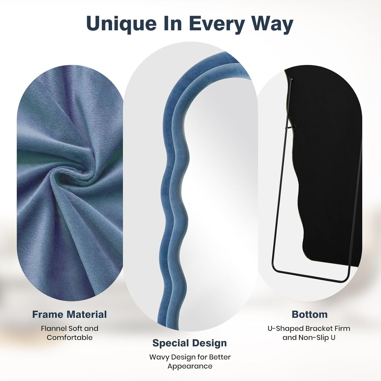 Full Length Mirror 63"x24" Arched Wavy Full Body Wall Mounted Floor Mirror with Stand Blue Flannel Frame Leaning Hanging Wall Mirror for Bedroom Entrance