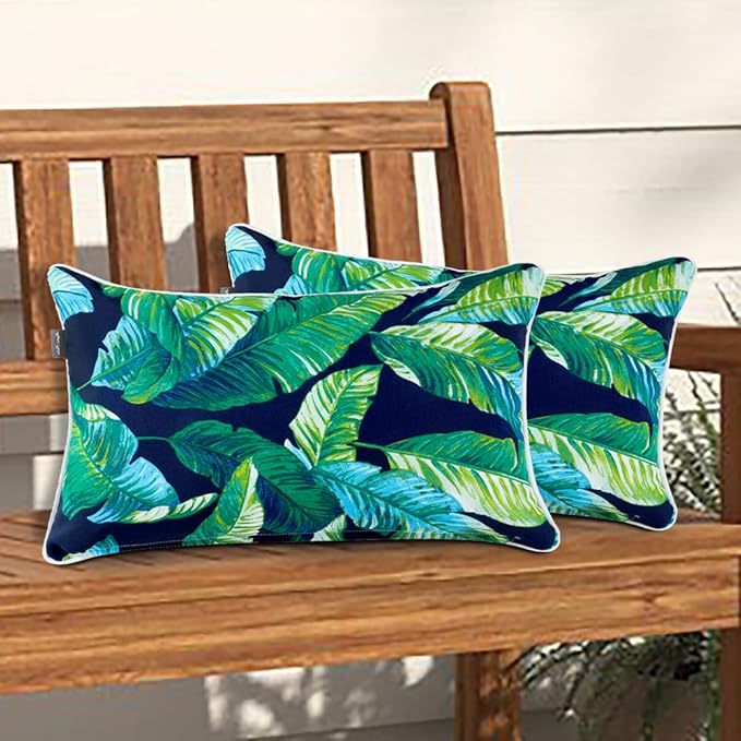 Magpie Fabrics Set of 2 Lumbar Throw Pillow with Insert 12x20 Inch, Outdoor Rectangular Waterproof Home Decorative Toss Cushion for Patio Garden Car Office - Green Lagoon Leaves