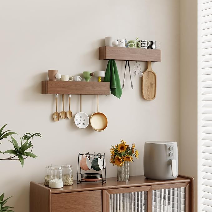 CycleCrew Solid Wood Wall Mounted Coat Rack with Shelf Hooks - Modern Floating Shelves with 5 Hidden Hooks, Heavy Duty Entryway Coat Key Holder Hanger for Hallway Bathroom Bedroom Home Decor