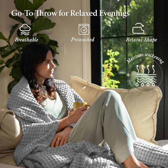 Threadmill Cooling Cotton Waffle Queen Size Blanket | Breathable, Lightweight & Soft | Made from Rayon Derived from Bamboo | Cooling Throw Blanket for Couch and Sofa | 90 x 92 Inches | Scottish Grey
