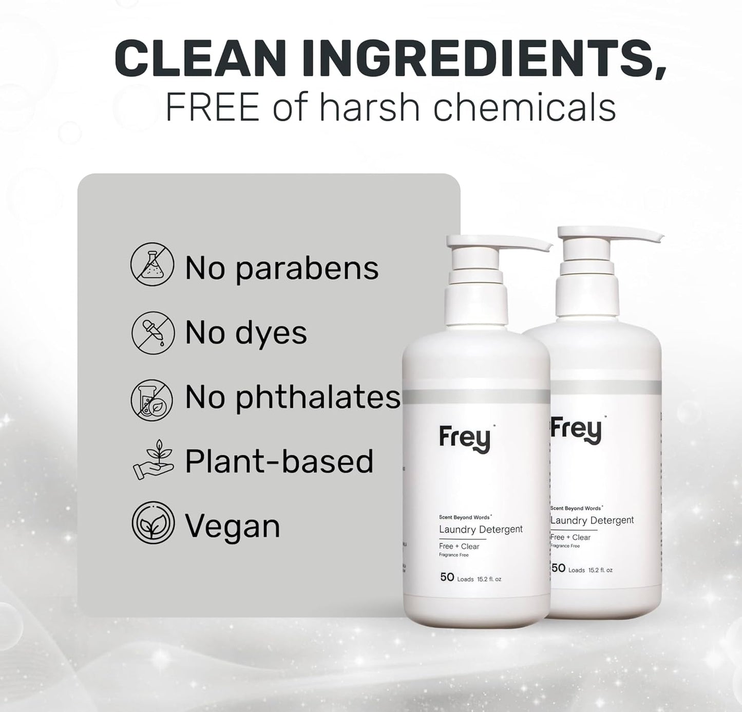 FREY Concentrated Liquid Laundry Detergent | Formulated for Sensitive Skin & HE Washers | Removes Stains Effectively | 50 Loads per Bottle (2-pack Unscented)