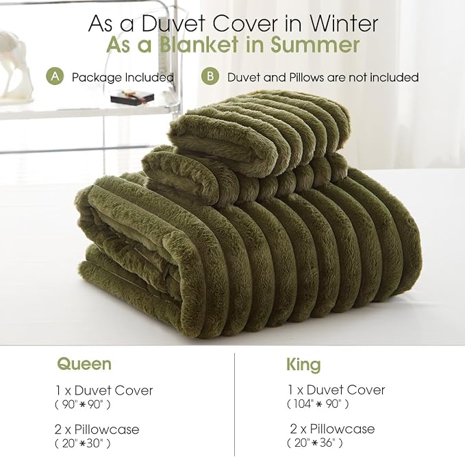 Nayoroom Fluffy Faux Fur Duvet Cover Queen Size Velvet Flannel Olive Green Striped Reversible Comforter Cover Winter Warm 3 Pcs Luxury Soft Shaggy Plush Fuzzy Bedding Set with Zipper Closure