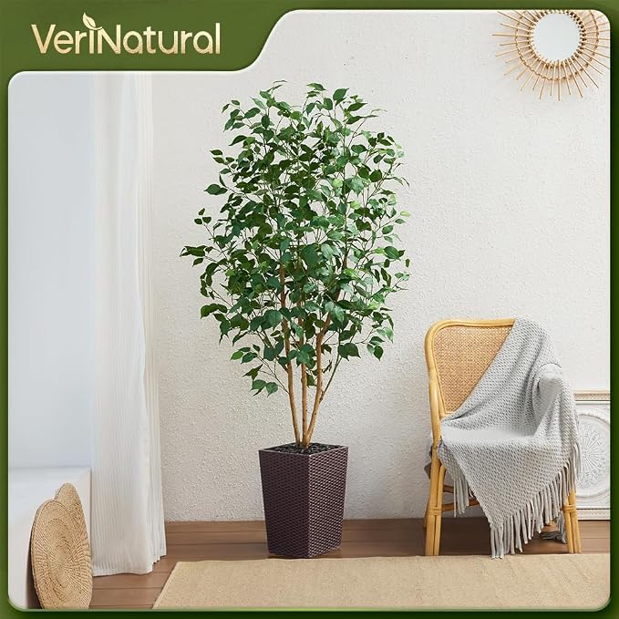 VeriNatural 6ft Artificial Ficus Tree,Tall Faux Tree with Silk Leaves & Real Wood Trunk,UV Resistant Potted Fake Plant with Pebbles & Planter-Indoor Outdoor Floor Plant for Home Living Room,VN129